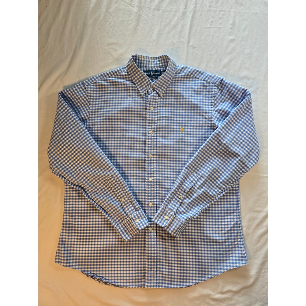 VTG Ralph Lauren Mens XL Custom Fit Blue Gingham Check Button Down Shirt Cotton‎